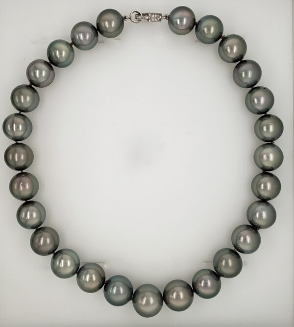 14.6-17mm Fine Round Silver Tahitian Pearl Strand with 14kt White Gold and Diamond Clasp