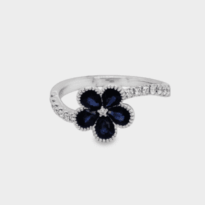 Blue Sapphire, Diamond & White Gold Flower Ring