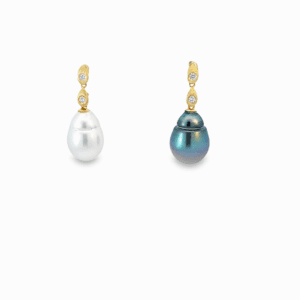 13x18mm White South Sea Pearl, 14x18mm Grey Tahitian Pearl, 18kt Yellow Gold & Diamond Post