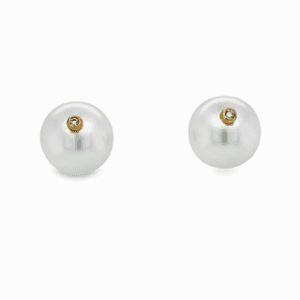 White South Sea Pearl, 18kt Yellow Gold & Diamond Stud Earrings