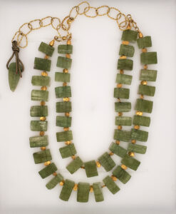 Double Strand Green Rhubarb Tourmaline with 18kt Yellow Gold Beads and Closure