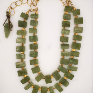 Double Strand Green Rhubarb Tourmaline with 18kt Yellow Gold Beads and Closure