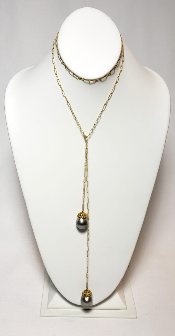 13.5 - 14.5mm Silver Tahitian Pearl Lariat with 18kt Yellow Gold Caps and Delicate Chain
