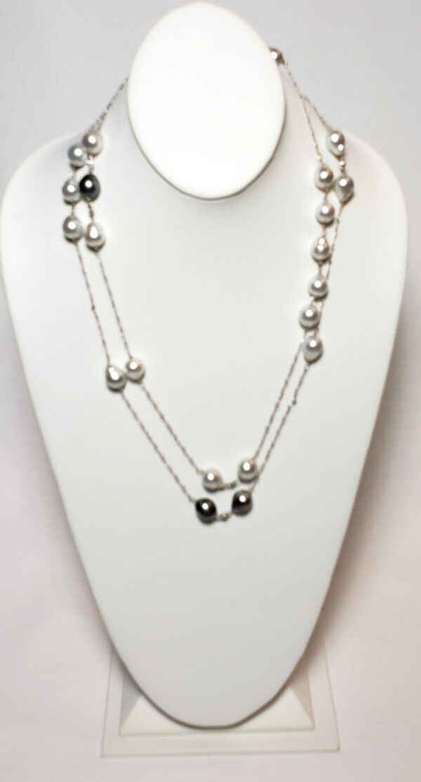 46.5" of 10mm - 12mm White South Sea Pearls (21), 11mm Silver Tahitian Pearls (3), Diamonds (0.40tcw) Pearl by the Yard