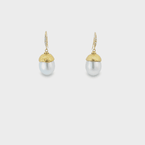 13mm White South Sea Pearls with 18kt Yellow Gold Hand Hammered Caps, 14kt Yellow Gold & Diamond (0.105cts) Wire