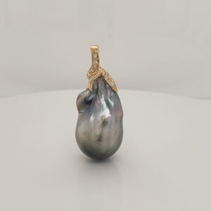 Baroque Silver Tahitian Pearl, 15.25x24, 18kt Diamond Leaf Enhancer