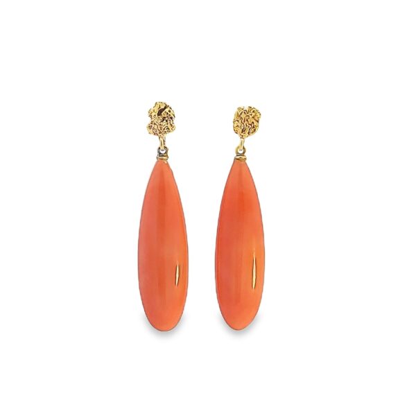 Natural Coral, 24kt Gold Nugget & 14kt Yellow Gold Earrings