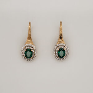 Two Tone Oval Emerald & Diamond & 18kt Yellow Gold Drop Earrings