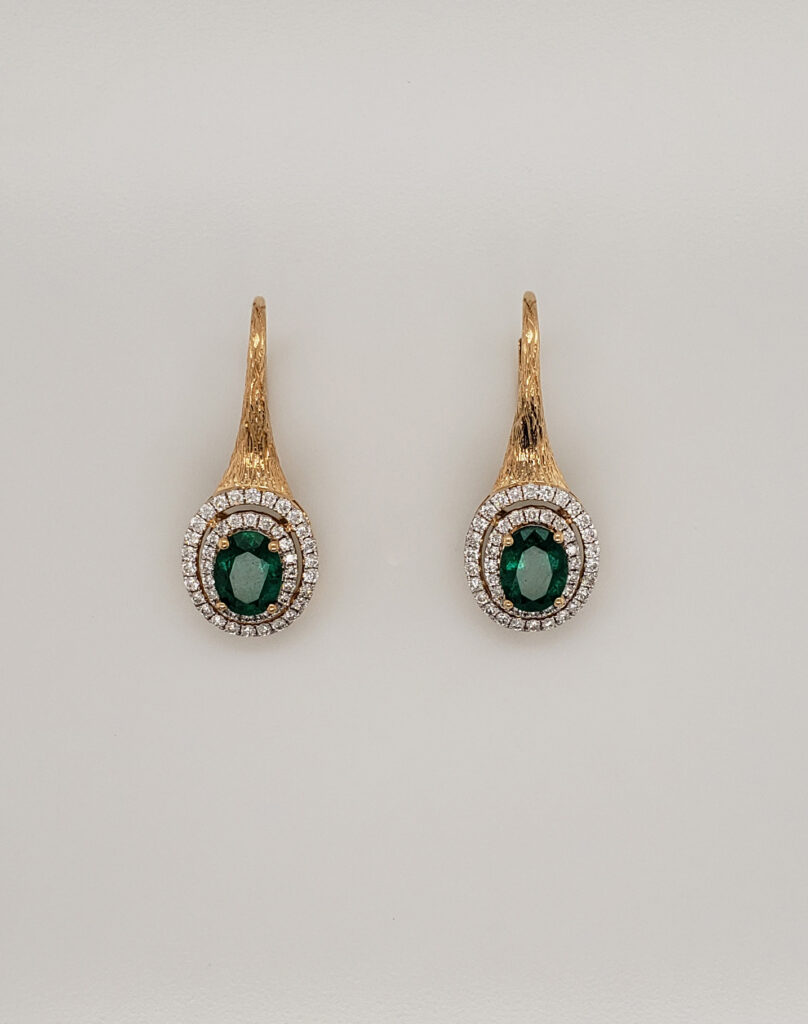 Two Tone Oval Emerald & Diamond & 18kt Yellow Gold Drop Earrings