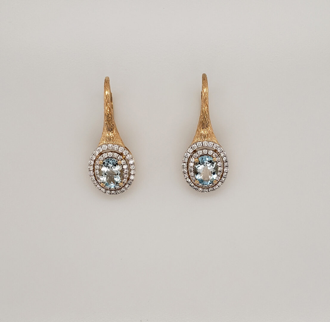 Two Tone Oval Aquamarine & Diamond & 18kt Yellow Gold Drop Earrings