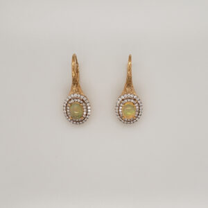 Two Tone Oval Opal & Diamond &18ktYellow Gold Drop Earrings