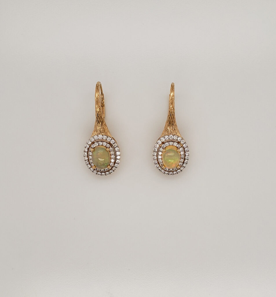 Two Tone Oval Opal & Diamond &18ktYellow Gold Drop Earrings