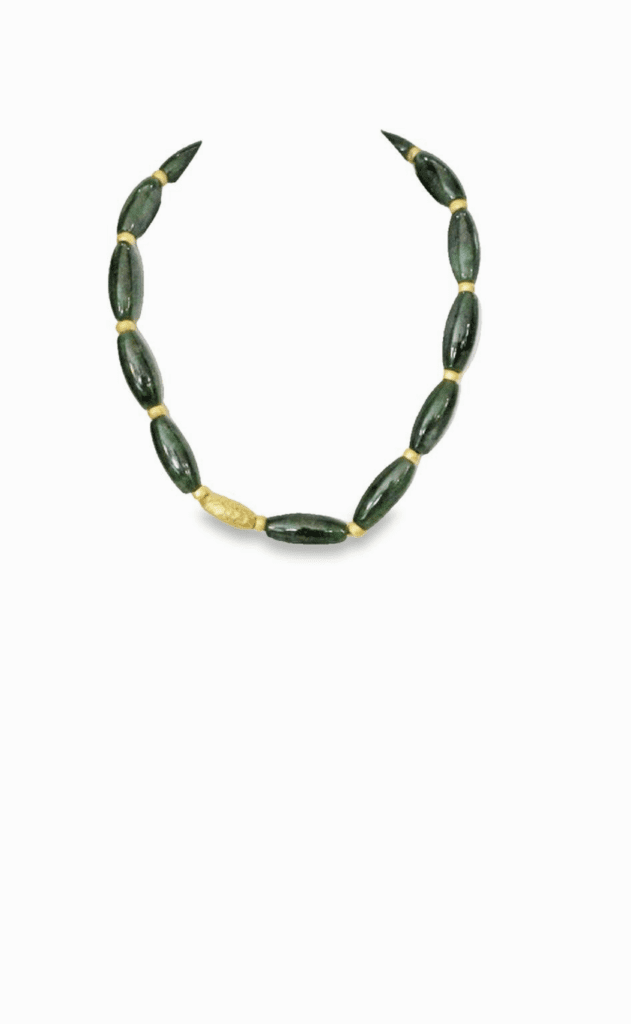 Natural Jade, 18kt Yellow Gold Beads & Clasp on Silk Cord