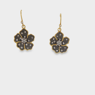 18kt Yellow Gold, Blackened Silver & Diamond Flower Earrings