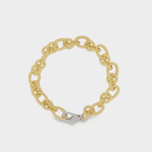 18kt Yellow Gold Cable Link Bracelet with Aspen Finish and 18kt White Gold Lobster Clasp
