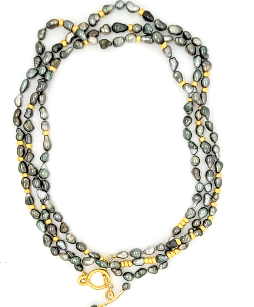 Pearl beaded necklace with keshi pearl, black onyx and Indian Silver newest beads with Thai silver clasp and charm, holiday gift, 30th anniversary