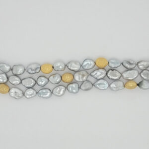 Three Rows of Silver Keshi Pearls & 18kt Yellow Gold Beads with 18kt Yellow Gold Tube Lock