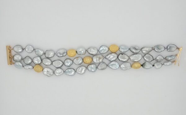 Three Rows of Silver Keshi Pearls & 18kt Yellow Gold Beads with 18kt Yellow Gold Tube Lock
