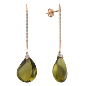 Olive Green Quartz, 18kt Yellow Gold & Diamond Earrings