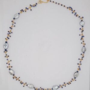 Blue Sapphires, Silver Keshi Pearls, 18kt Yellow Gold Wire & Clasp