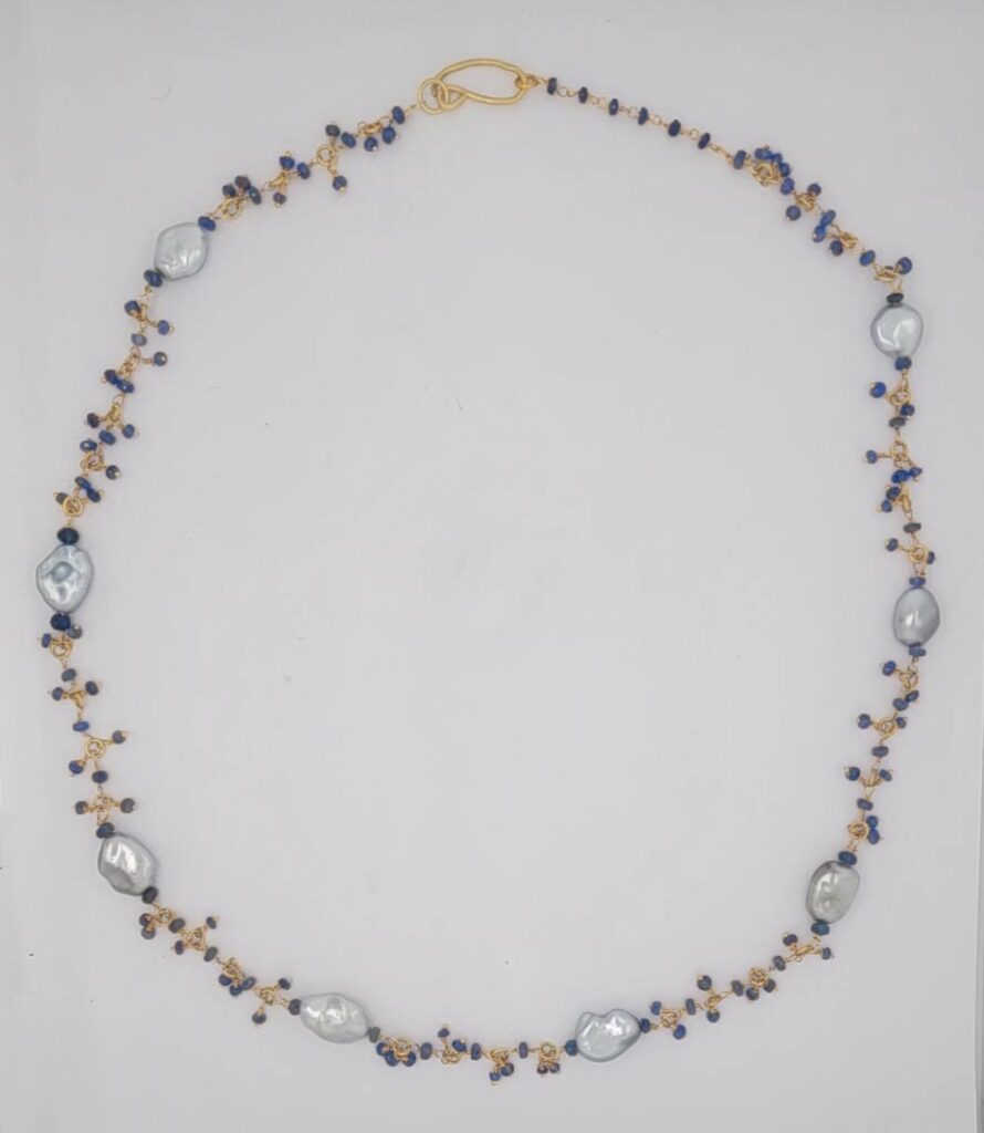 Blue Sapphires, Silver Keshi Pearls, 18kt Yellow Gold Wire & Clasp