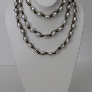 56" of 10.5mm-12.5mm White South Sea Pearls Knotted on Leather with 18kt Yellow Gold Chain & Clasp
