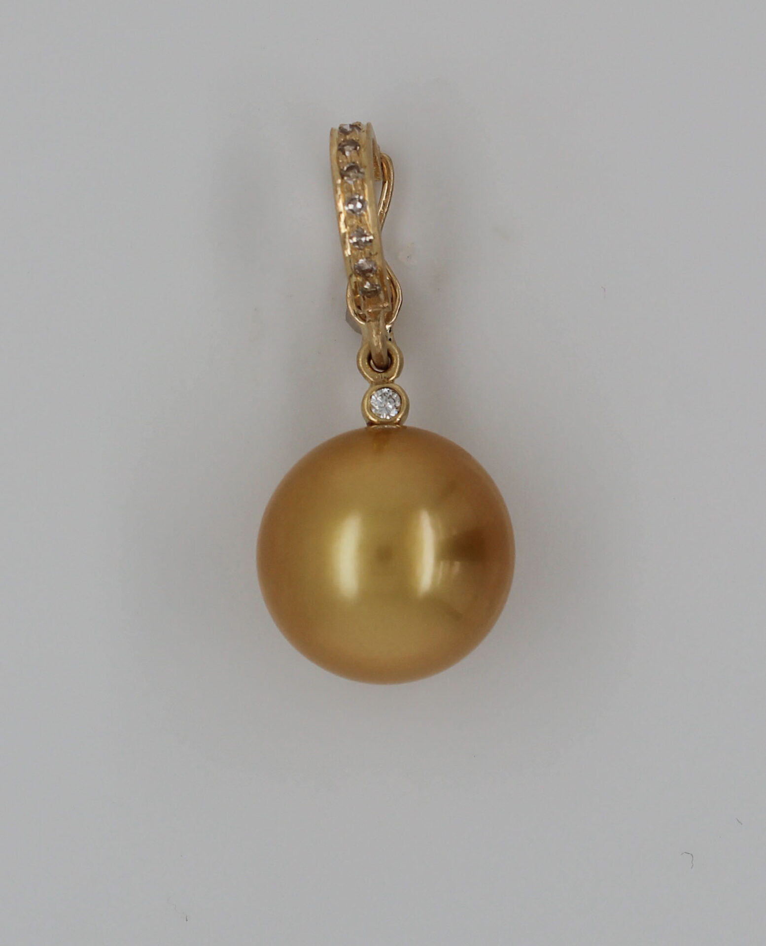 14.76mm Round Golden South Sea Pearl with 18kt Yellow Gold & Diamond Enhancer