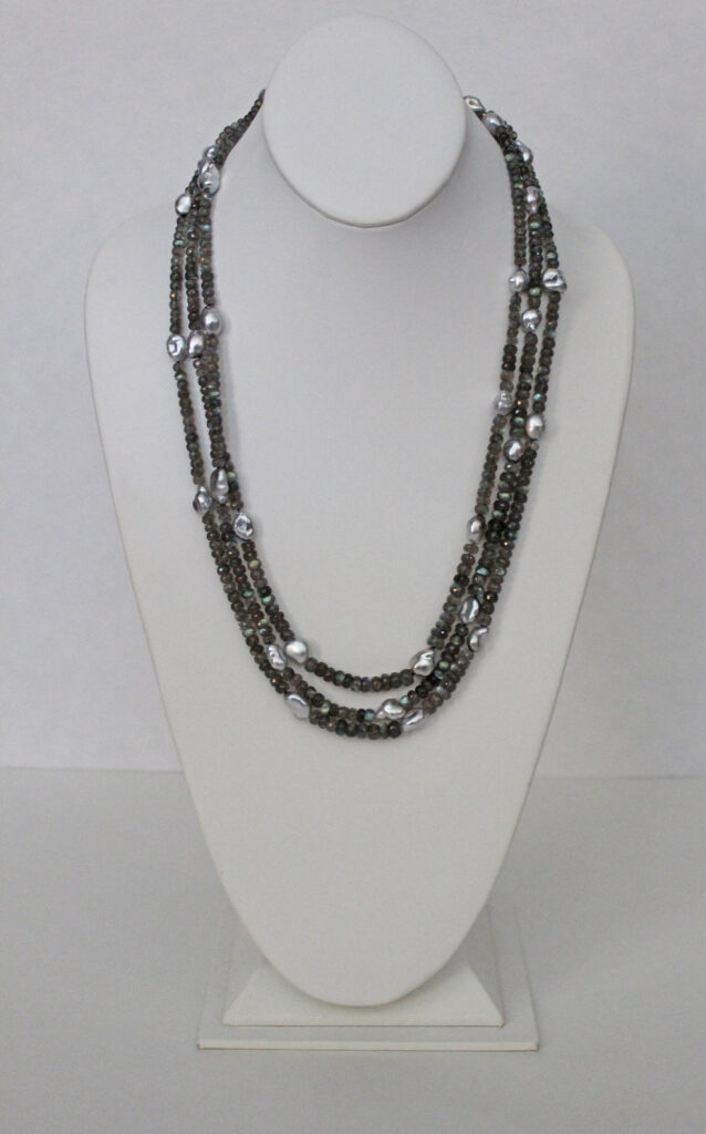 22" - 24" Graduated Three Strand Labradorite, Silver Tahitian Keshi Pearls, 18kt White Gold Clasp