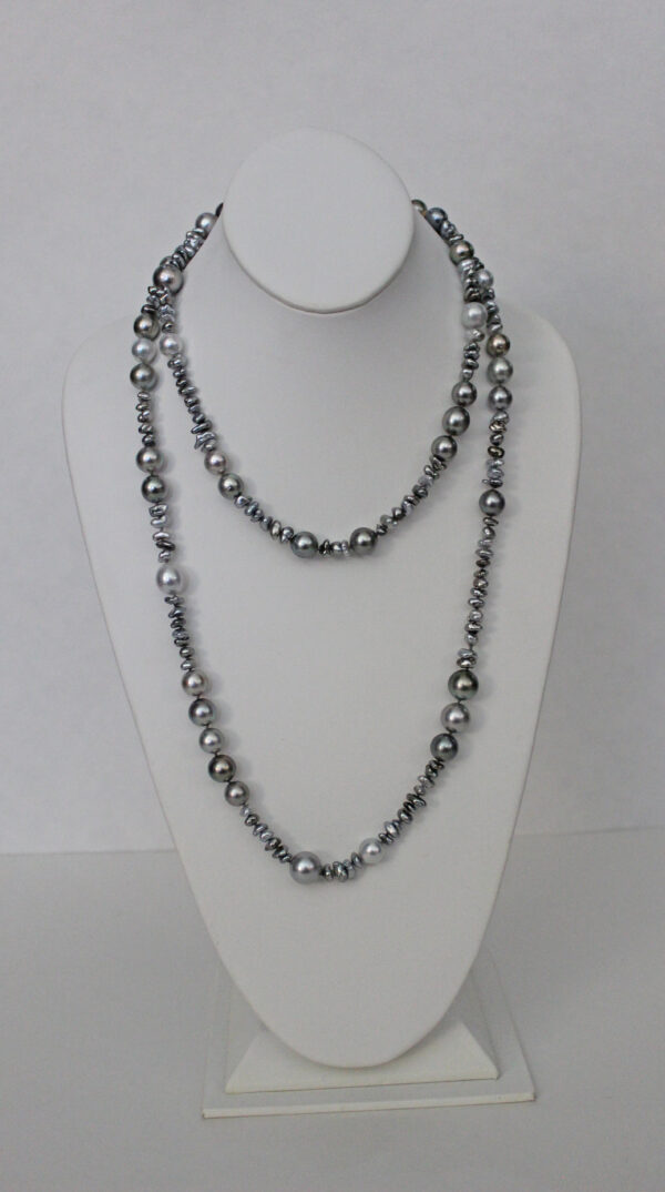 47" 9mm - 12.5mm Silver Tahitian Pearls and Silver Tahitian Keshi Pearls with 18kt White Gold Clasp
