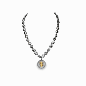 Silver Keshi Pearl with 18kt Yellow Gold Clasp & Chain with Bee Pendant, 14kt Yellow Gold, Diamond & Blackened Silver Bee Pendant