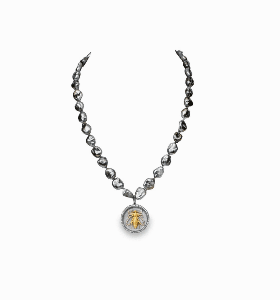 Silver Keshi Pearl with 18kt Yellow Gold Clasp & Chain with Bee Pendant, 14kt Yellow Gold, Diamond & Blackened Silver Bee Pendant