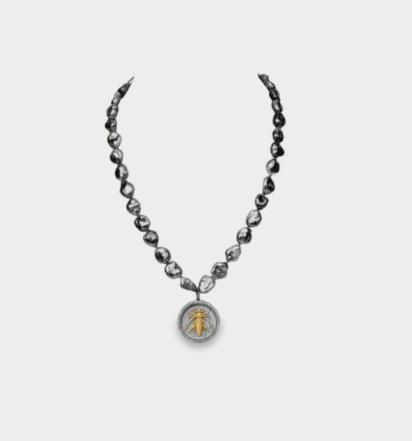 Silver Keshi Pearl with 18kt Yellow Gold Clasp & Chain with Bee Pendant, 14kt Yellow Gold, Diamond & Blackened Silver Bee Pendant