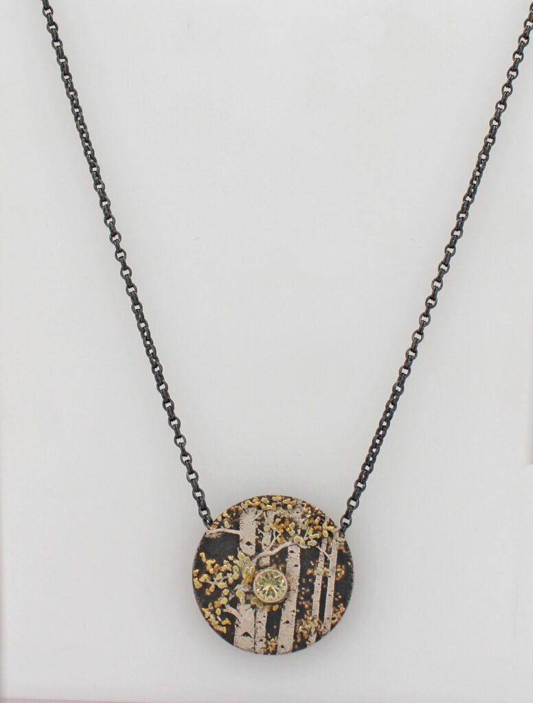 Aspen Trees Pendant: 22kt - 24kt Placer Gold & Argentium Silver, Oxidized Silver & Re-Polished. 4mm Beryl