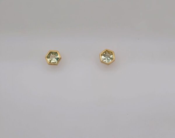 18kt Yellow Gold Bezel Set Hexagon Cut Green Montana Sapphires