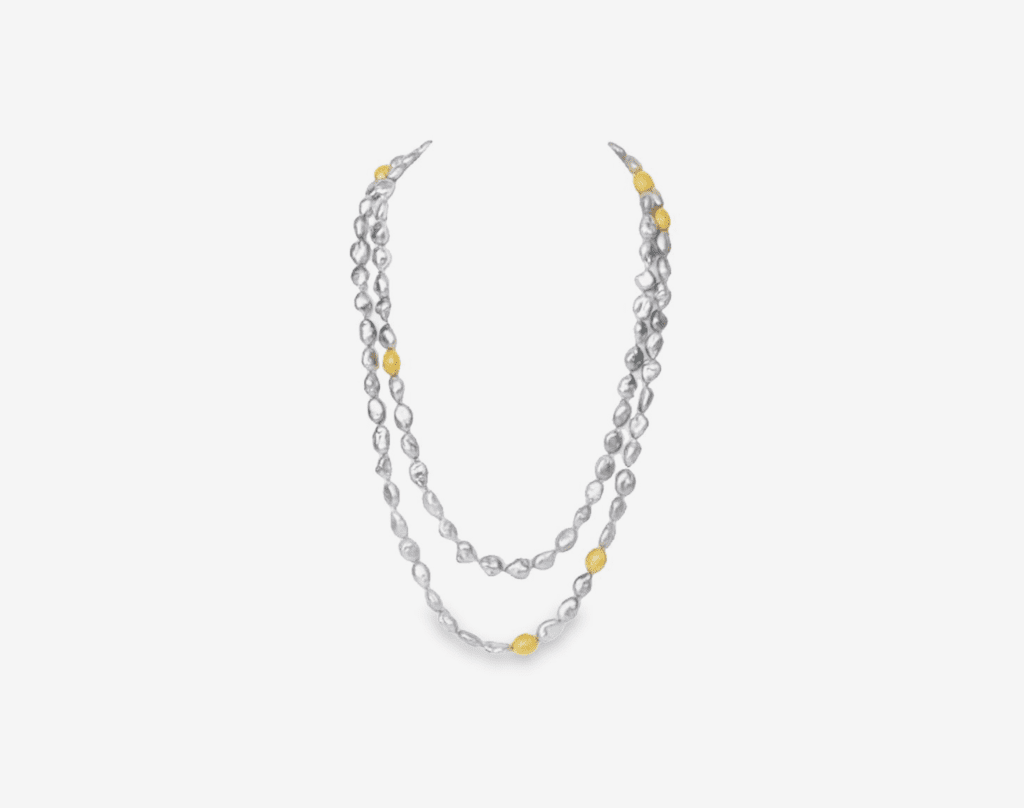 58" Rare Silver Tahitian Keshi Pearls & 18kt Yellow Gold Beads and Clasp