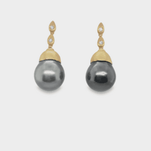 Dark Silver Tahitian Pearls with 18kt Yellow Gold Satin Finish Cap, 18kt Yellow Gold & Diamond Finding