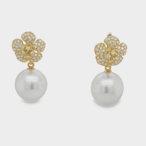 White South Sea Pearls, 18kt Yellow Gold & Diamond Flower Omega Back Earrings