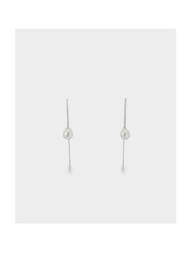 18kt White Gold Threader Earrings with White Tear Drop Keshi Pearls