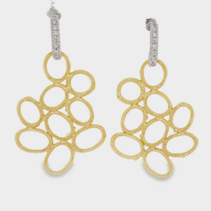 19kt Yellow Gold Free Form Open Olive Branch Earrings Hanging from 18kt White Gold Diamond Stems