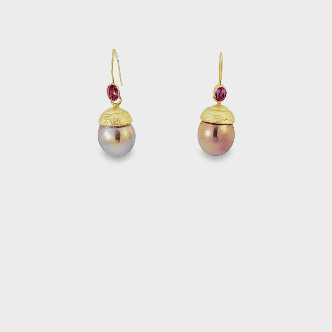 13.5mm & 14mm Pink Edison Fresh Water Pearl, 18kt Yellow Gold Hand Finished Cap, 18kt Yellow Gold & Tourmaline Wire