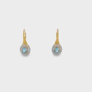 Two Tone Oval Aquamarine (8x6) & Diamond (92D=0.89ct) 18kt Yellow Gold Drop Earrings