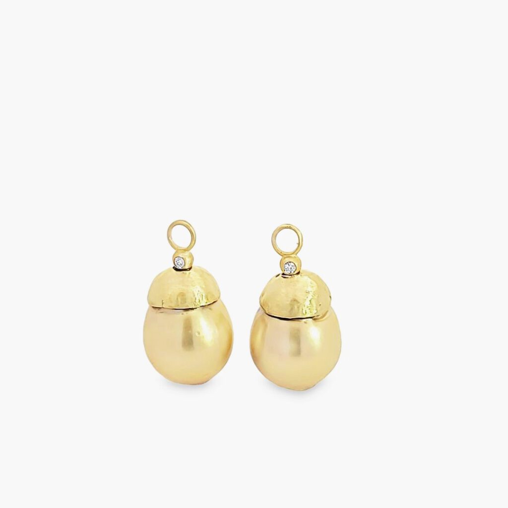 12mm & 12.25mm Golden South Sea Pearls, 18kt Yellow Gold Hand Hammered Caps, 18kt Yellow Gold & Diamond Pin Jackets