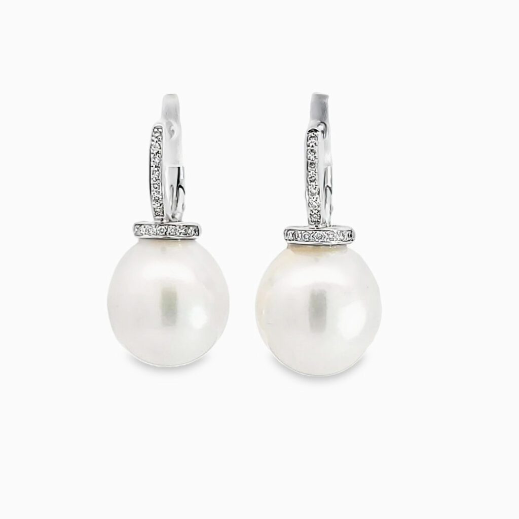 13.6 x 14.8mm White South Sea Pearls with 18kt White Gold and Diamond Finding