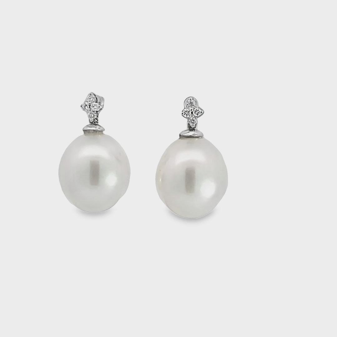 12.6x14.3mm White South Sea Pearls, 18kt White Gold & Diamond Post
