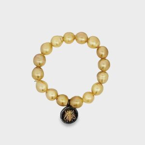 6.5" 10-11mm Golden South Sea Pearl with 18kt Yellow Gold, Blackened Silver and Diamond Bumble Bee Stretch Charm Bracelet