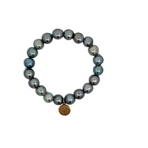 6.5" 8.50 - 9mm Silver Tahitian Pearls with 18kt Yellow Gold & Diamond Disc Stretch Charm Bracelet