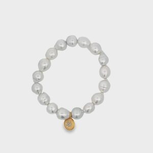 6.5" 9.25mm - 10mm White South Sea Pearls with 18kt Yellow Gold & Diamond Disc Stretch Charm Bracelet