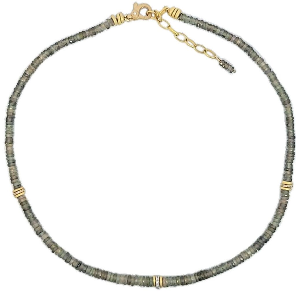 14.5" - 16" Faceted Olive Green/Brown Montana Sapphires, 18kt Yellow Gold & Diamond Beads, 18kt Yellow Gold Beads, Clasp & Chain