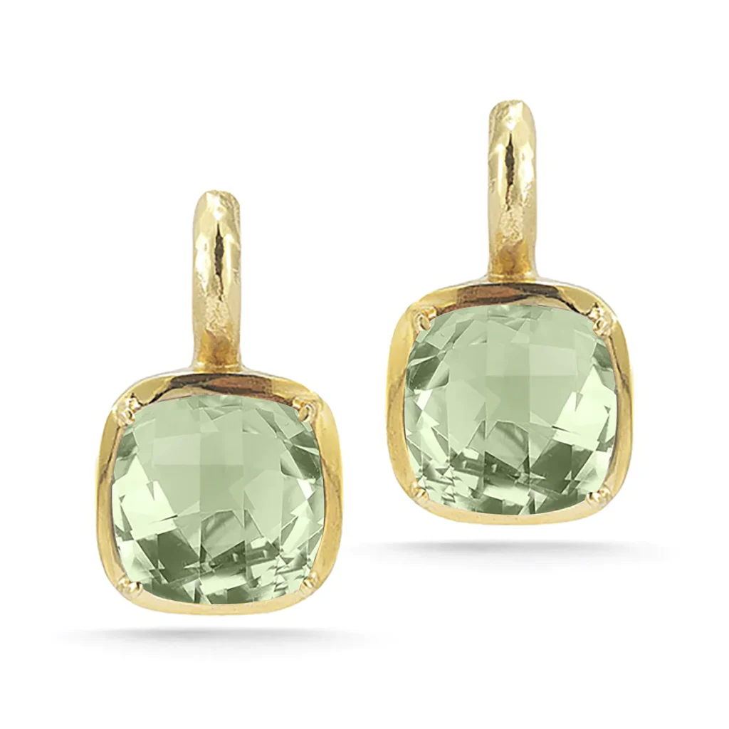 14kt Yellow Gold Matte And Hammer-Finished Earrings Set With A Square-Shaped Green Amethyst Semi-Precious Color Stone