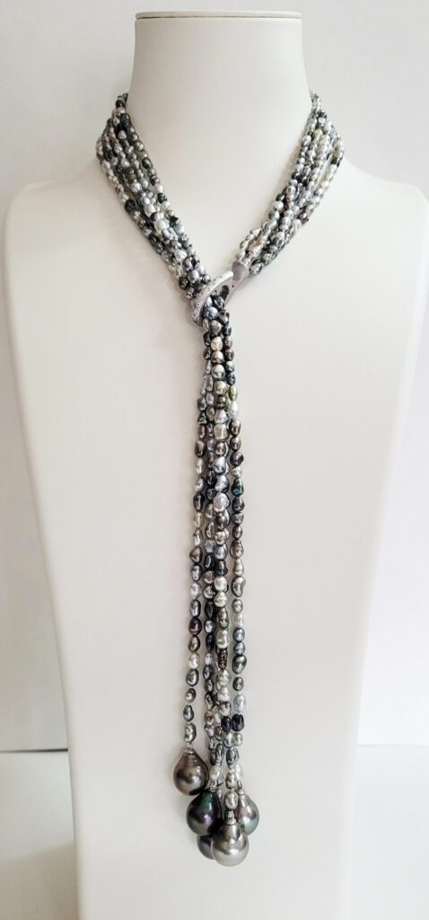 Multi Colored Tahitian Keshi Pearl Lariat with 18kt White Gold & Diamond Clasp
